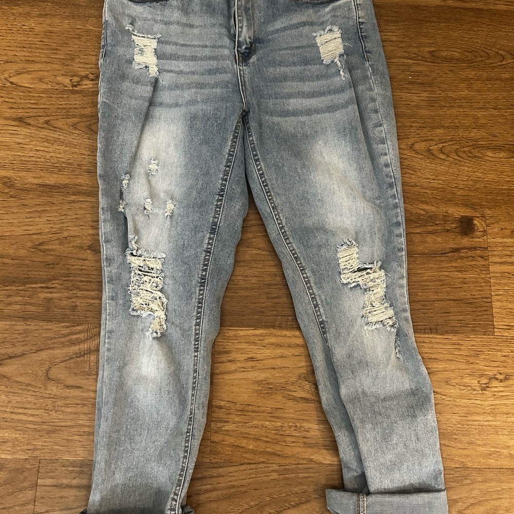 Cuffed Distressed Light Blue Jeans